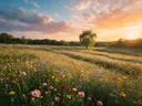 Landschapsfoto van bloemenvelden bij het gouden uur, met een treurwilg