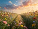Landschapsfoto van bloemenvelden bij het gouden uur, met een bij tussen de bloemen