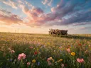 Landschapsfoto van bloemenvelden bij het gouden uur, met een houten kar
