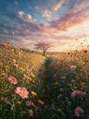 Landschapsfoto van bloemenvelden bij het gouden uur, met een bloesemboom