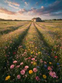 Landschapsfoto van bloemenvelden bij het gouden uur, met een boerderijtje aan het einde van de rijen