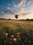 Landschapsfoto van bloemenvelden bij het gouden uur, met een luchtballon boven de horizon
