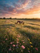Landschapsfoto van bloemenvelden bij het gouden uur, met een merrie met haar veulen