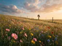 Landschapsfoto van bloemenvelden bij het gouden uur, met twee uilen op een paal