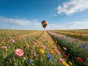 Landschapsfoto van bloemenvelden bij volle zon, met een luchtballon boven de horizon