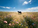 Landschapsfoto van bloemenvelden bij volle zon, met een eenzaam paard