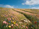 Landschapsfoto van bloemenvelden bij volle zon, met een hagedis