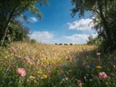 Landschapsfoto van bloemenvelden bij volle zon, met een kudde schapen