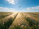 Landschapsfoto van bloemenvelden bij volle zon, met een klein vliegtuigje hoog in de lucht