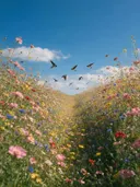 Landschapsfoto van bloemenvelden bij volle zon, met zwaluwen laag over de bloemen