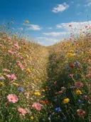 Landschapsfoto van bloemenvelden bij volle zon