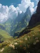 Schilderij van een bloemenweide met bergspitsen op de achtergrond