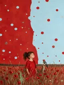 Schilderij van bloemenweide in hemelblauw en klaproosrood, in vlakke kleurvlakken