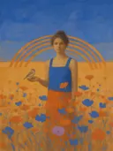 Schilderij van bloemenweide in kobalt en saffraan
