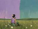 Schilderij van bloemenweide in lila en mosgroen, in vlakke kleurvlakken