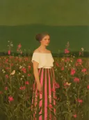 Schilderij van bloemenweide in olijf en roze, in vlakke kleurvlakken