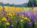 Landschapsschilderij van een bloemenweide met bomen aan de horizon