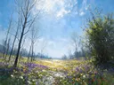 Landschapsschilderij, bloemenweide tot de horizon in de vroege lente