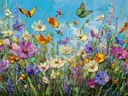 Schilderij van een bloemenweide met vliegende vlinders onder een blauwe lucht