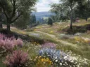 Schilderij van een bospad tussen wilde bloemen en glooiende heuvels