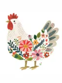 Schilderij van een kip versierd met bloemen