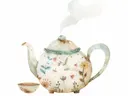 Aquarel illustratie van een theepot met bloemenmotief, kinderkamer schilderij
