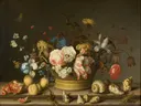 Bloemstilleven in een mand van Balthasar van der Ast: bloemen met bloemen, mand, rozen en schelpen, in donker met roze en geel