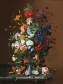 Bloemstilleven met een vogelnest van Severin Roesen, American (born Germany), 1816 - c. 1872 1816: stilleven met bloemen