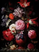 Stilleven met gestreepte tulpen en rozen in een rode vaas op zwarte achtergrond.
