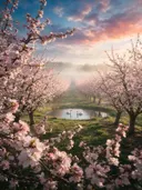 Landschapsfoto van bloesem bij de ochtendmist, met zwanen