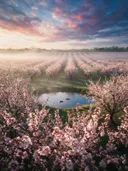Landschapsfoto van bloesem bij de ochtendmist, met een koppel eenden
