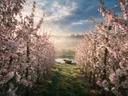 Landschapsfoto van bloesem bij de ochtendmist, met een roeibootje