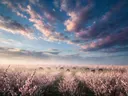 Landschapsfoto van bloesem bij de ochtendmist, met een kleine kudde paarden