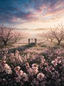 Landschapsfoto van bloesem bij de ochtendmist, met een oude waterput