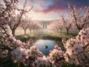 Landschapsfoto van bloesem bij de ochtendmist, met een kikker op een blad