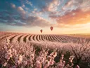 Landschapsfoto van bloesem bij het gouden uur, met een luchtballon boven de horizon
