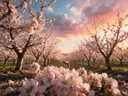 Landschapsfoto van bloesem bij het gouden uur, met een bij tussen de bloemen