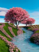Rij roze bloesembomen langs een kronkelende beek tussen bloemenvelden