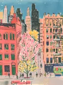 Stadsgezicht schilderij met bloesemboom tussen gebouwen
