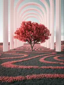 Rode bloesemboom omringd door een symmetrisch pad van roze bogen en golvende bloemenpatronen.