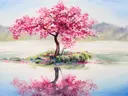 Schilderij van een roze bloesemboom met waterreflectie