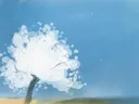 Aquarelillustratie van een boom in witte bloesem tegen een blauwe lucht.
