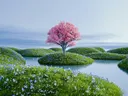 Een roze bloesemboom op een klein groen eiland omringd door water en wilde bloemen.