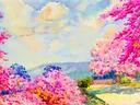 Schilderij van een bloesempad in de bergen
