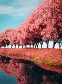 Rij bomen met roze bloesem die zich spiegelen in stil water.