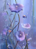 Schilderij van paarse trompetbloesems tussen zwevende glazen bellen in blauw licht