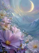 Schilderij van roze bloesems met een wassende maan boven een berglandschap
