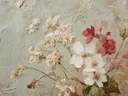 Schilderij van bloesems tegen een verweerde muur