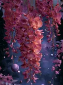 Schilderij van roze bloesems die hangen tussen planeten in de ruimte
