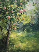 Schilderij van een bloeiende tak met roze bloesem